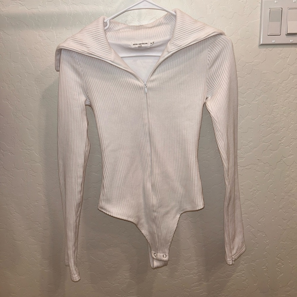 Good American White Ribbed Zip-Up Bodysuit